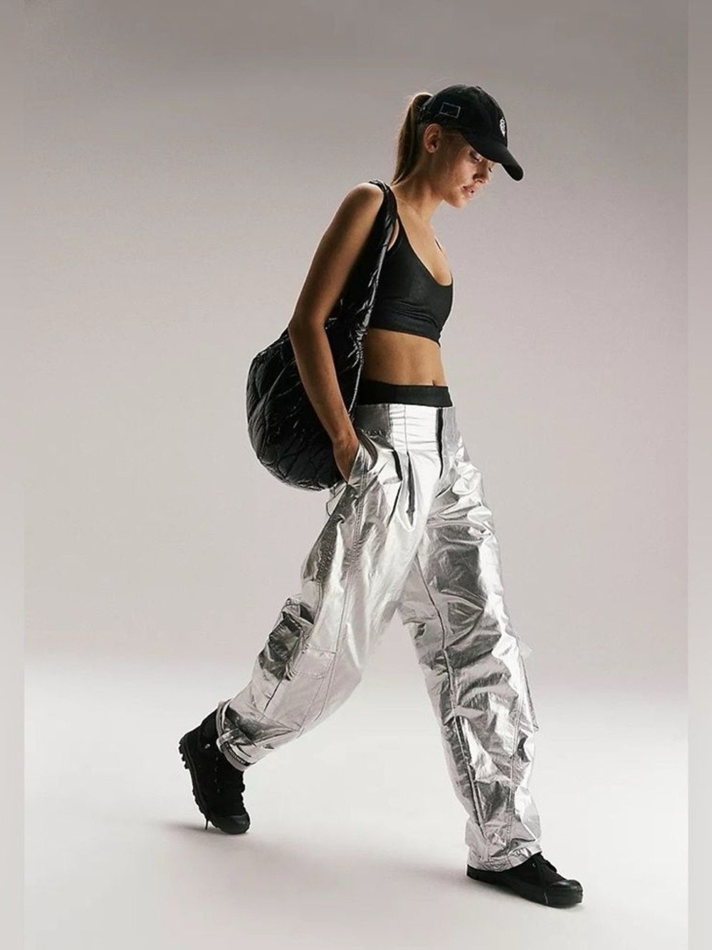 Free People Mezmerize Me Shine Metallic Silver Cargo Pants XS